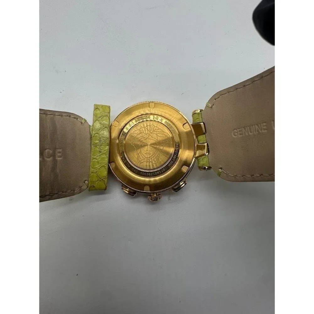 Versace‎ GMT & Alarm Gold Tone Watch Lime Green Leather Strap Medusa Swiss Made